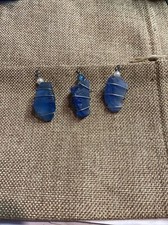 USA Handmade BLUE 3 Pcs SILVER non-tarnish wire-wrap SEA GLASS pendant