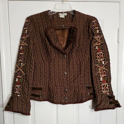 Alberto Makali Brown Linen Cotton Embroidery Sequin Bead Jacket Women's XL *