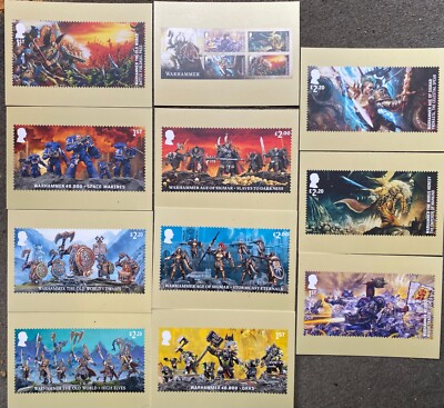 11 x Warhammer - UK Royal Mail Briefmarken 2023 Werbe Postkarten RAR Spiele