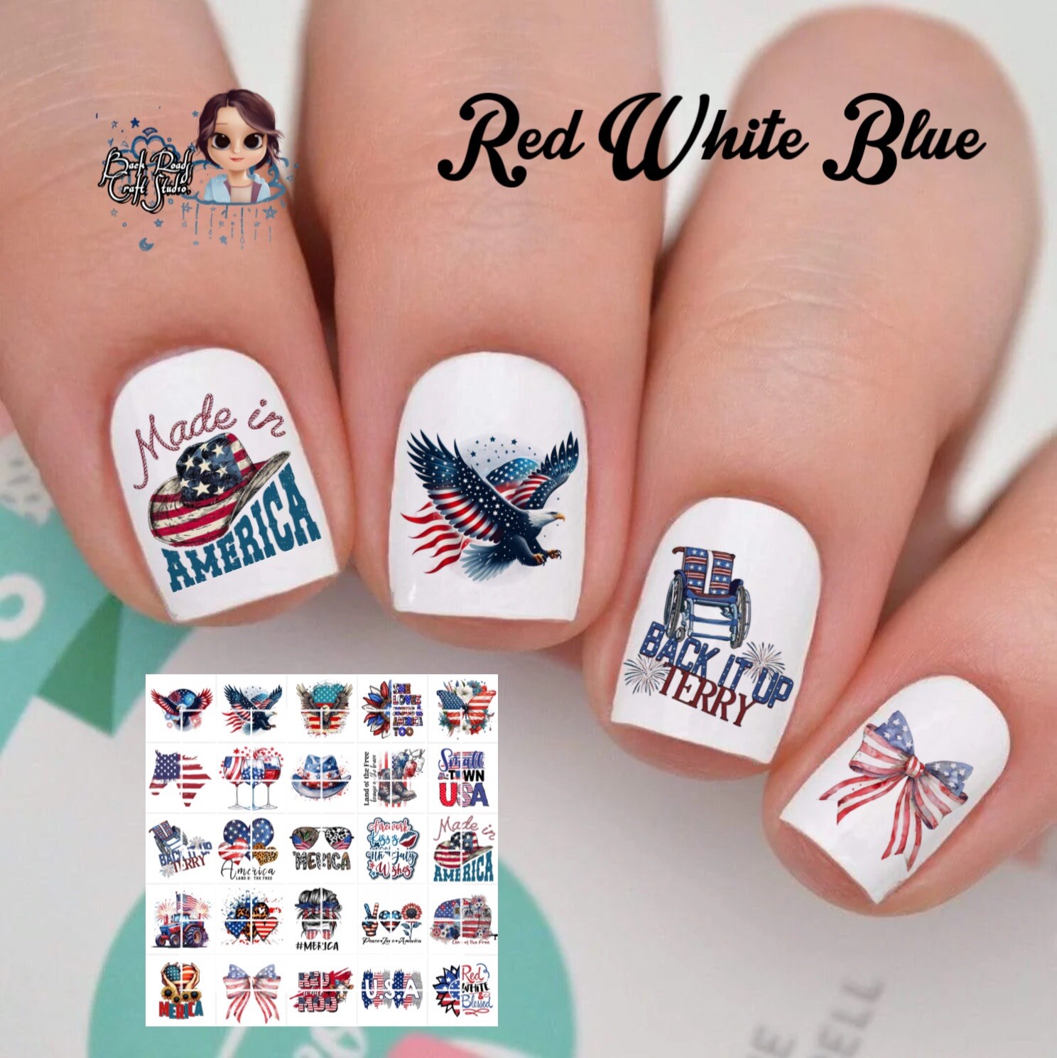 Red White Blue 4th Independence Day Waterslide Nail Art Decals Set of 50