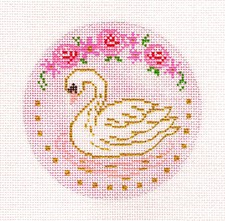 SP.ORDER  Swan with Roses on Pink 4" RD. Needlepoint Canvas by Alice Peterson