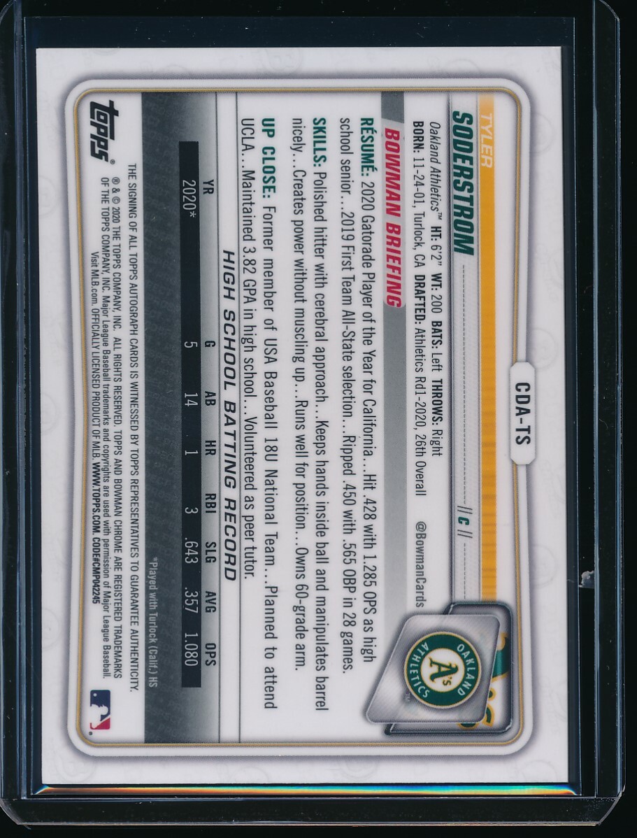 TYLER SODERSTROM AUTO 1st 2020 Bowman Chrome Draft Autograph A's