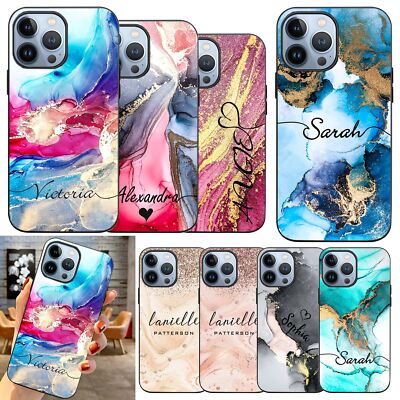 Painted Marble Personalised Name Case For iPhone 16 Pro Max 13 12 14 15 11 Cover