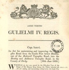 Antique Act of Parliament Improving Pike road Haddon Bakewell Bentley 1833 