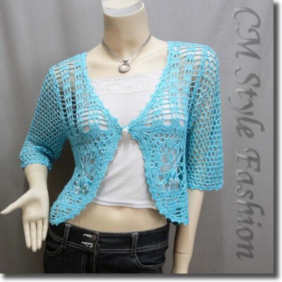 Crochet Knit Silvery Thread Beaded Button Closure Shrug Bolero Top