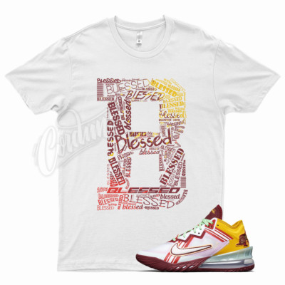 White BLESSED T Shirt for Lebron 18 Mimi Higher Learning Varsity Mustard Crimson