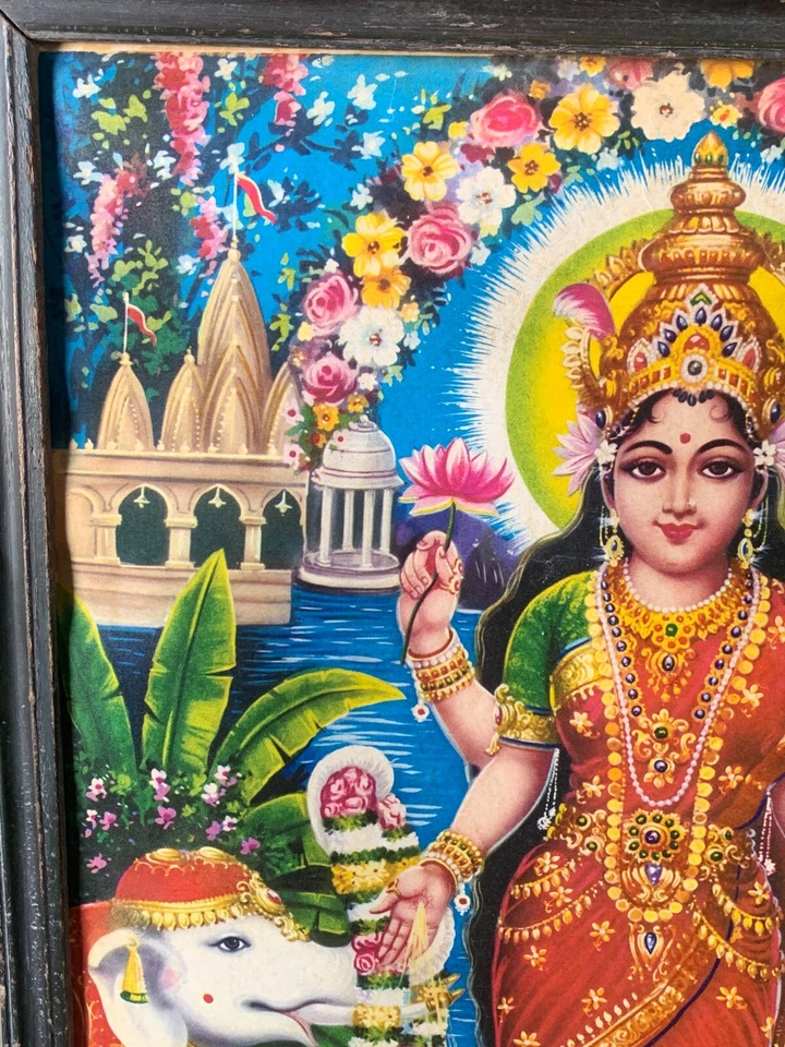 Antigua impresión litográfica vintage de la diosa religiosa hindú Lakshmi enmarcada en madera Foto 3 de 4