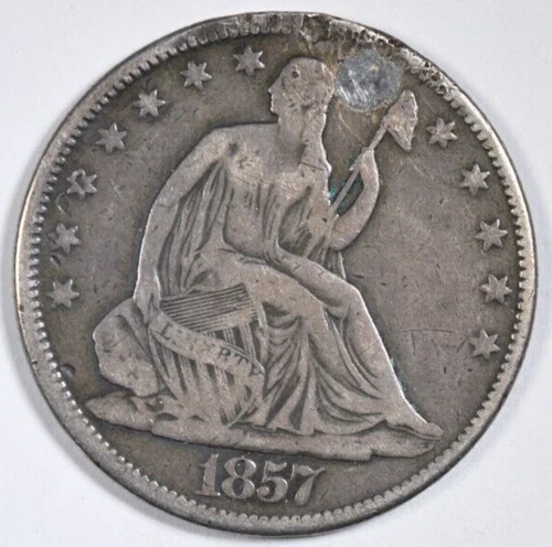 1857 SEATED LIBERTY HALF DOLLAR ~ PLUGGED ~ VF DETAILS!