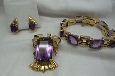 Rare 1940's "Retro" Solid 14kt Natural Amethyst 3 Piece Jewelry Set. Fabulous