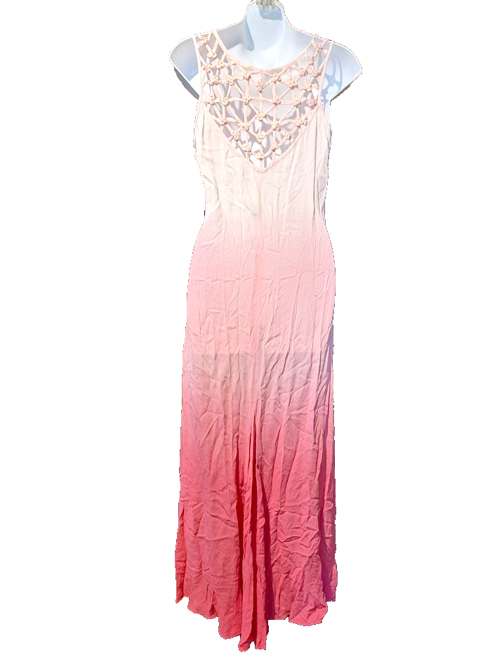 VTG DEADSTOCK 90s pink ombre sun dress tapework lattice back maxi NWT 6 M 3F