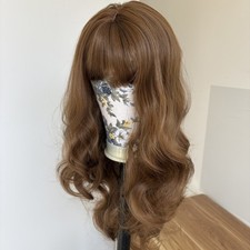 Medium brown Heat Resistant Hair Long Wavy Cosplay Party Wigs With Bangs Natural