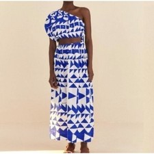 Farm Rio x Alberto Pitta Blue White Geometric One Shoulder Cutout Jumpsuit L