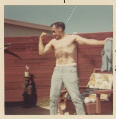 Shirtless Man Flexing Muscles Backyard Blurry Vintage Photo 1960s