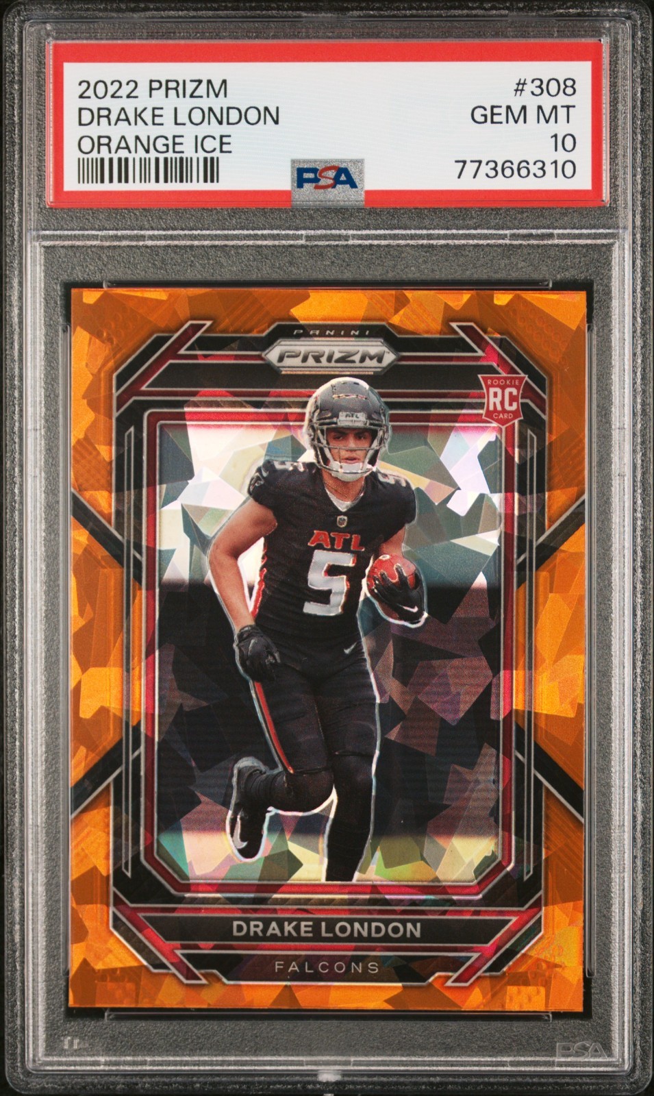 2022 Panini Prizm Rookies Drake London #308 Orange Ice Prizm (RC) PSA 10