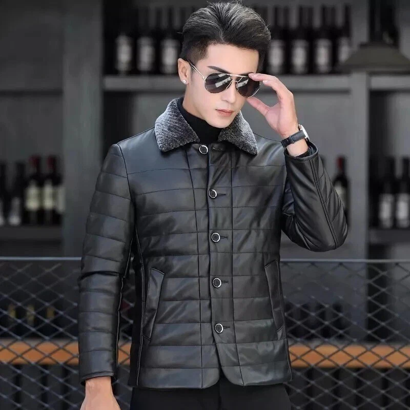 Men's Black Quilted 100% Real Leather Jacket Slim Fit Motorcycle Coat Fur Collar