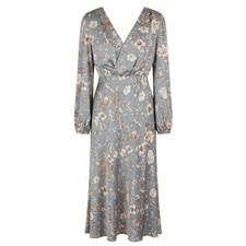 ASTR the Label Floral Satin Midi Dress Blue V-Neck Wedding Guest Balloon Sleeve