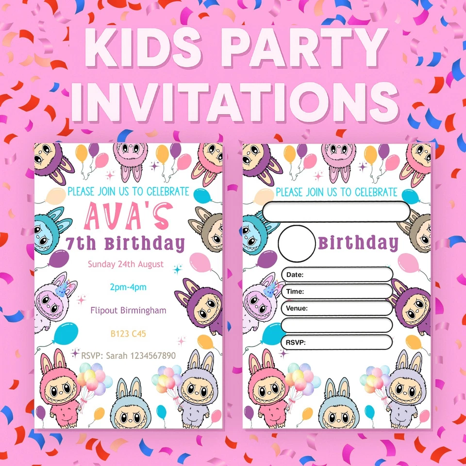 Personalised Girls Labubu Doll Monster Party Invitations Birthday Party Invites