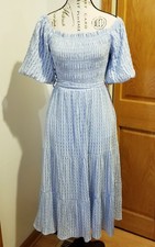 She Sky Light Blue Gingham Puff Sleeve Tiered Midi Dress Small Cottage Smocked