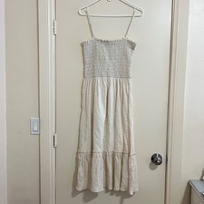 Smocked Bodice Tiered Midi Sundress Small Boho Cottage Cream Sleeveless Peasant