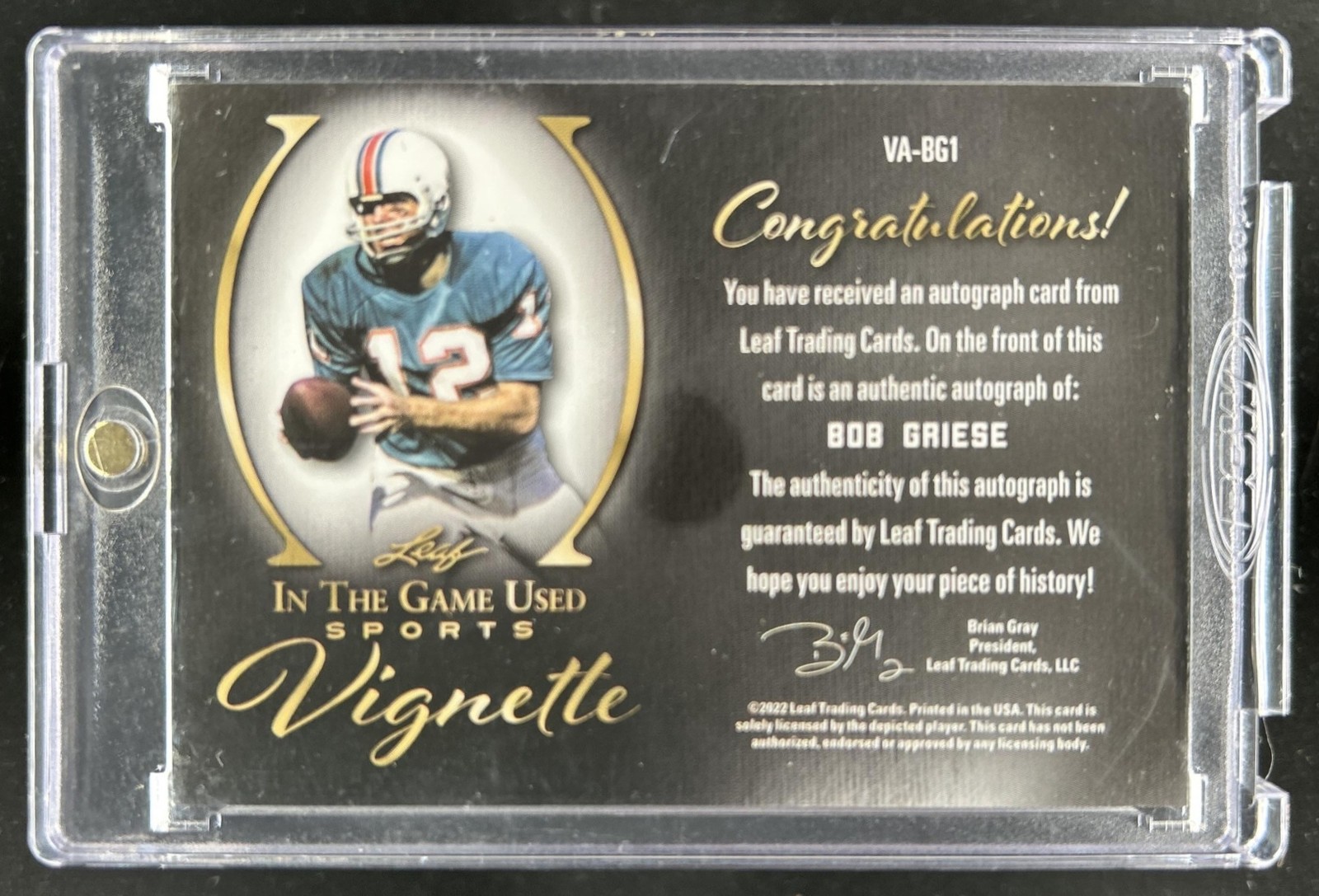 2022 Leaf In the Game Used Bob Griese Vignette Platinum Spectrum Auto #1/5 view 2