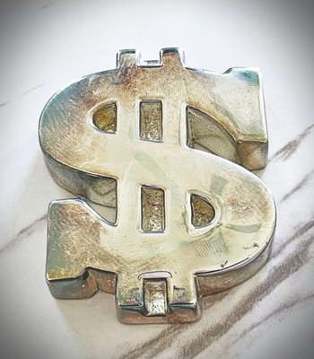 New In Original Box - Vintage Silver Plate Dollar Sign Paper Weight