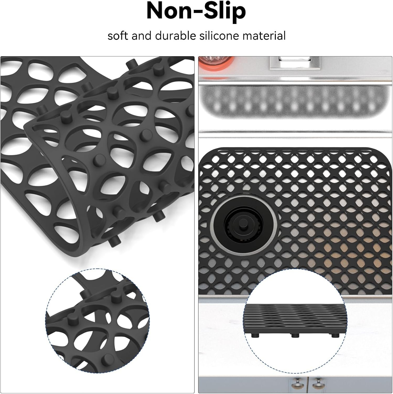 TOOVEM Kitchen Silicone Sink Mat Non-Slip Heat Resistant Drain Side Drain 2PCS