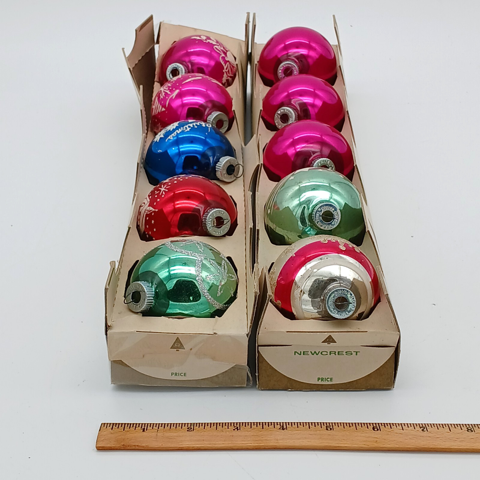 10 Vintage SHINY BRITE Glitter Mica Christmas Ornaments 2 5/8" Original Box