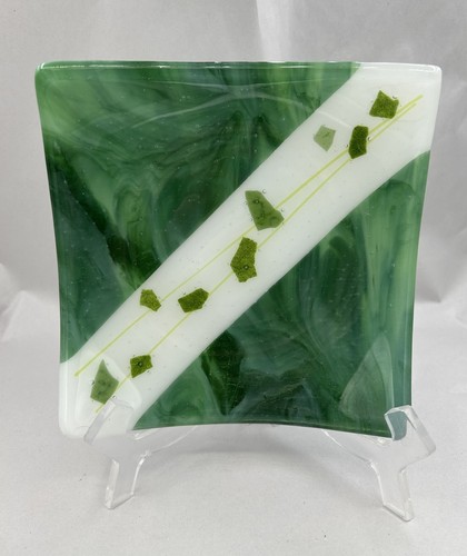 Green Swirl Iridescent Fused Art Glass Plate 6.5" Signed St. Patrick's