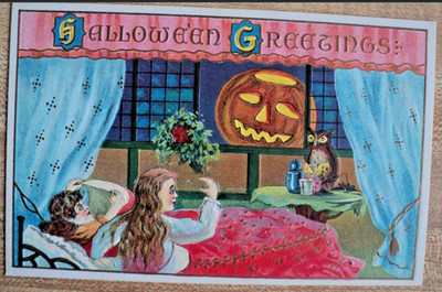 TUCK Halloween Postcard - UNUSED - Girls in Bed See a Huge Smiling JOL & Owl