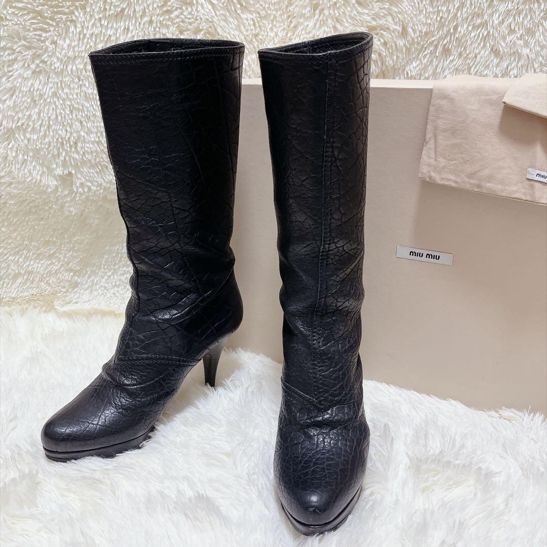 MIU MIU Long Boots Black Pebbled Leather Women's Size EU36.5 US6.5 / w/Box