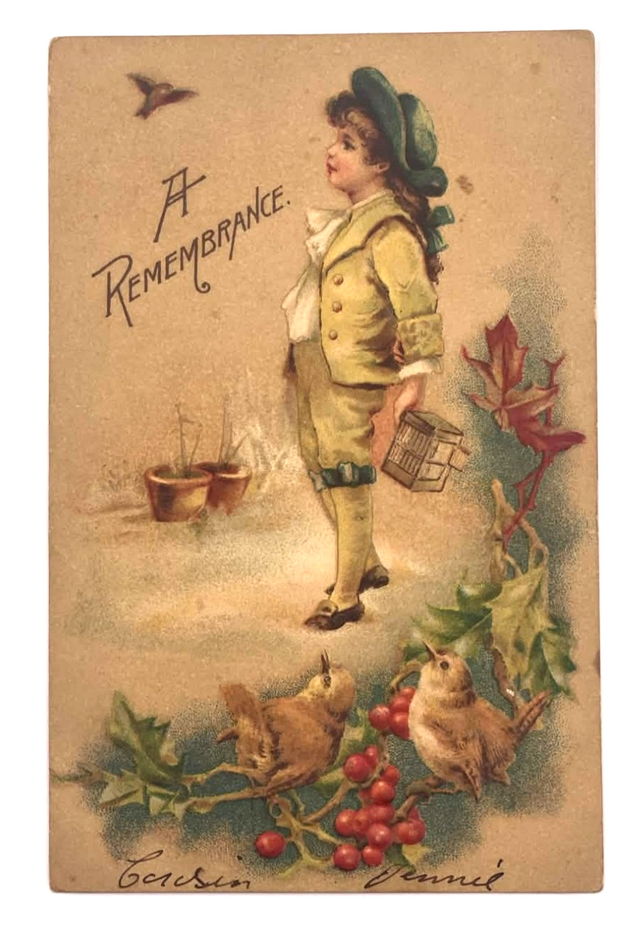 Antique Boy Basket Birds Holly Berries A Remembrance Postcard