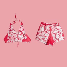 1940s-1950s HAWAIIAN Floral Two Piece HALTER Top and Belted SHORTS Set. S. AS IS