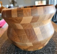 Hand Crafted Inlaid Wooden Bowl Flower Pot Artist Signed 7.75"X5.75" Brown Multi