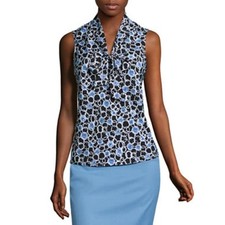 Evan Picone Black Label Sleeveless Print Bow Chambray Blue & Black Blouse XL $40