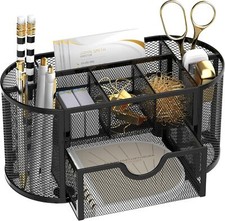 Mesh Desk Organizer Metal Wire 9 Compartment Desktop Organizer Caddy w/ Drawer