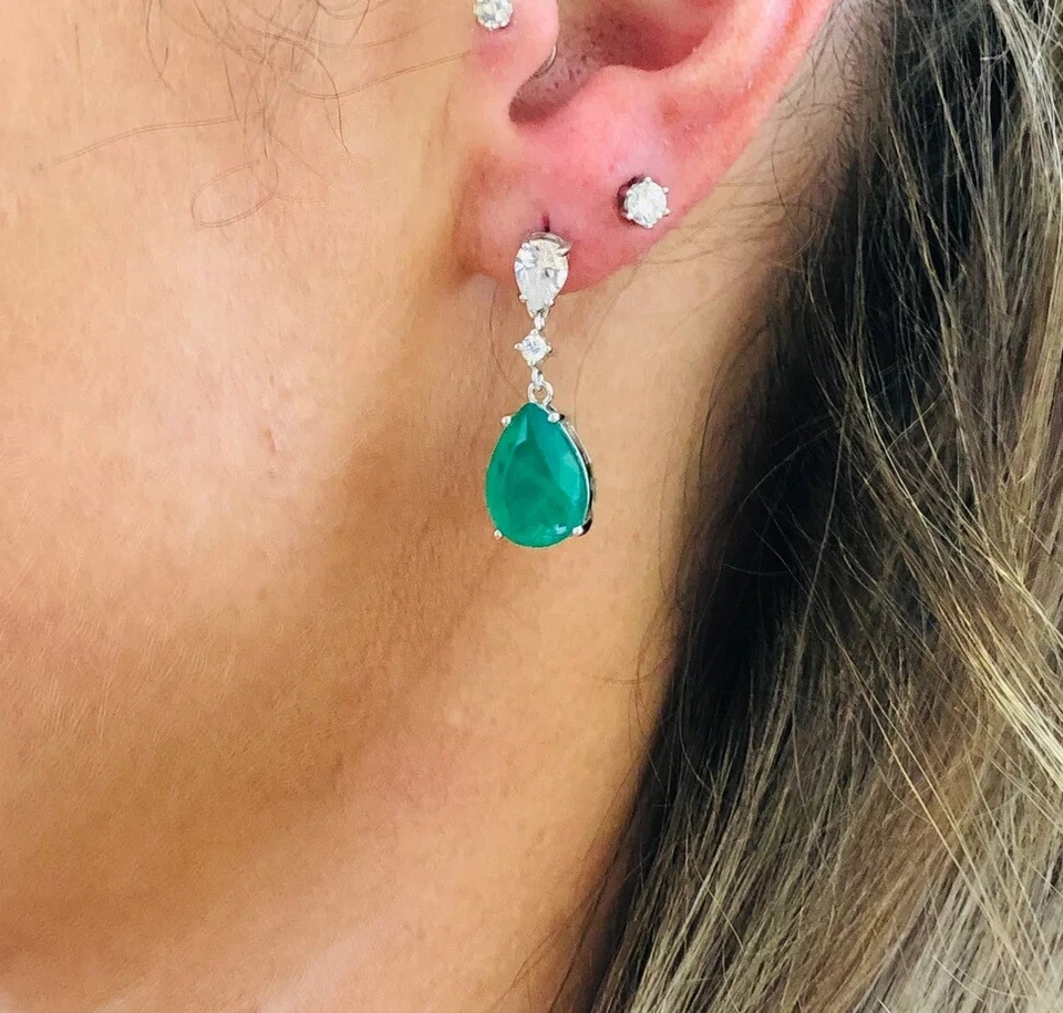 3CT Pear Cut Green Emerald Lab-Created Dangle Drop Earring 14k White Gold Plated - Image 3 of 4