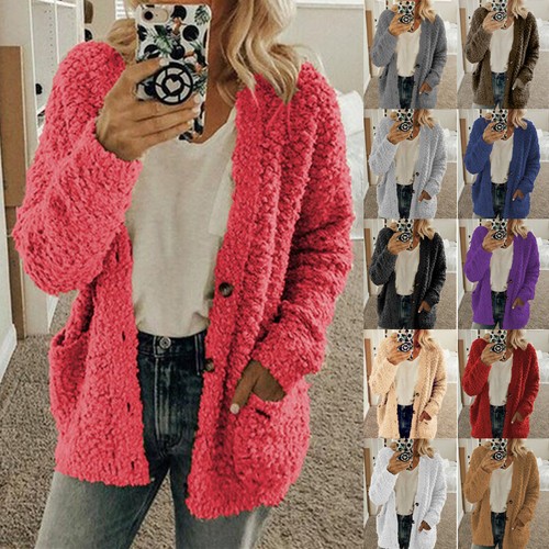 Womens Fleece Teddy Bear Jacket Coat Ladies Winter Button Down Cardigan