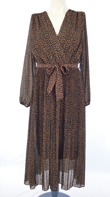 Plissee Midikleid Leopard Animal Print Wickeloptik vorne Bindegürtel J L Paris Gr.S UK8