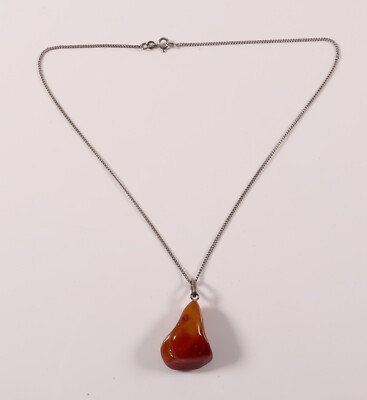 Collier Kette Bernstein orange Anhänger Baltisch Poliert trüb Silber Länge 43cm