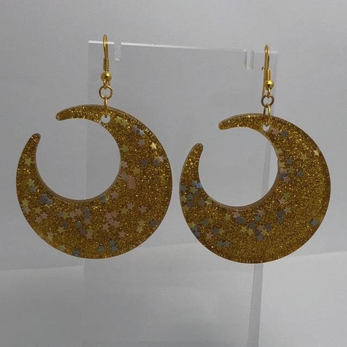 Large crescent moon earrings, Star Glitte , Acrylic Earrings - Picture 34 of 60