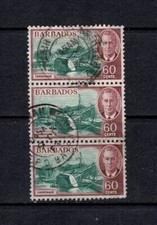 BARBADOS 1950 KING GEORGE VI DEFINITIVES 60c GREEN & LAKE STRIP 3 VERY FINE USED