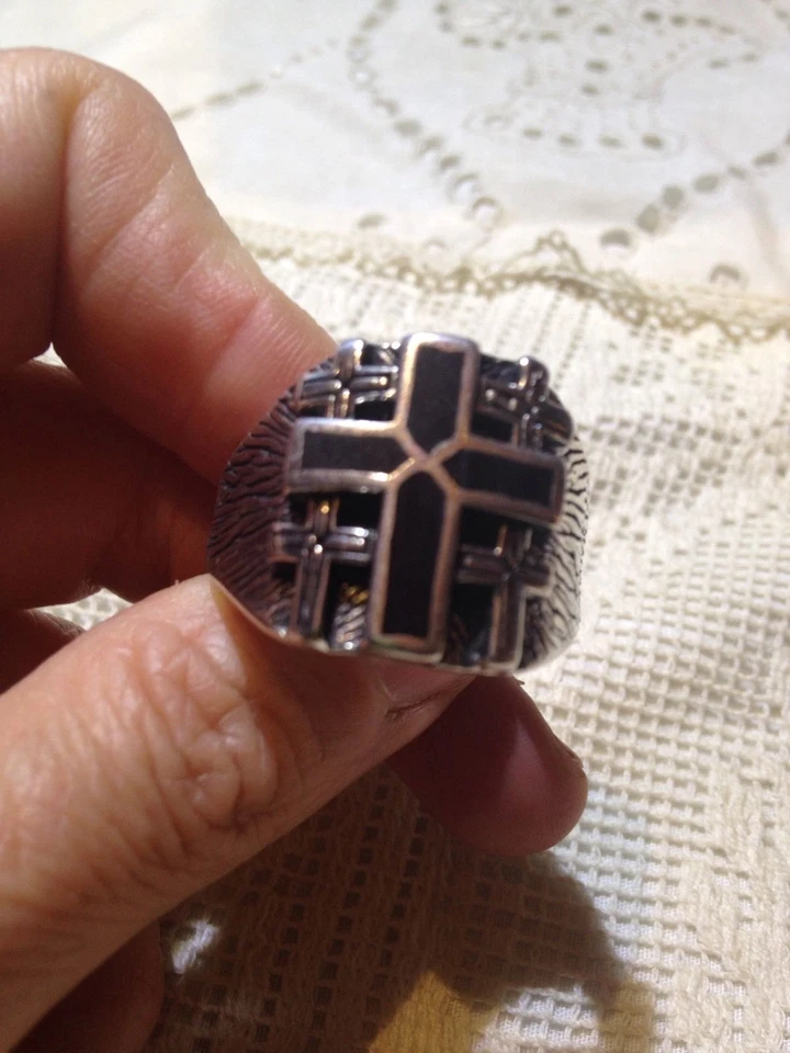 Anillo Vintage Plata Blanco Bronce Para Hombre Cruz Incrustación Piedra Negra Talla 10.5 Foto 2 de 4