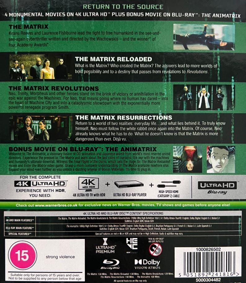 THE MATRIX ULTIMATE COLLECTION 4K UHD Blu-Ray 5 Film Set
