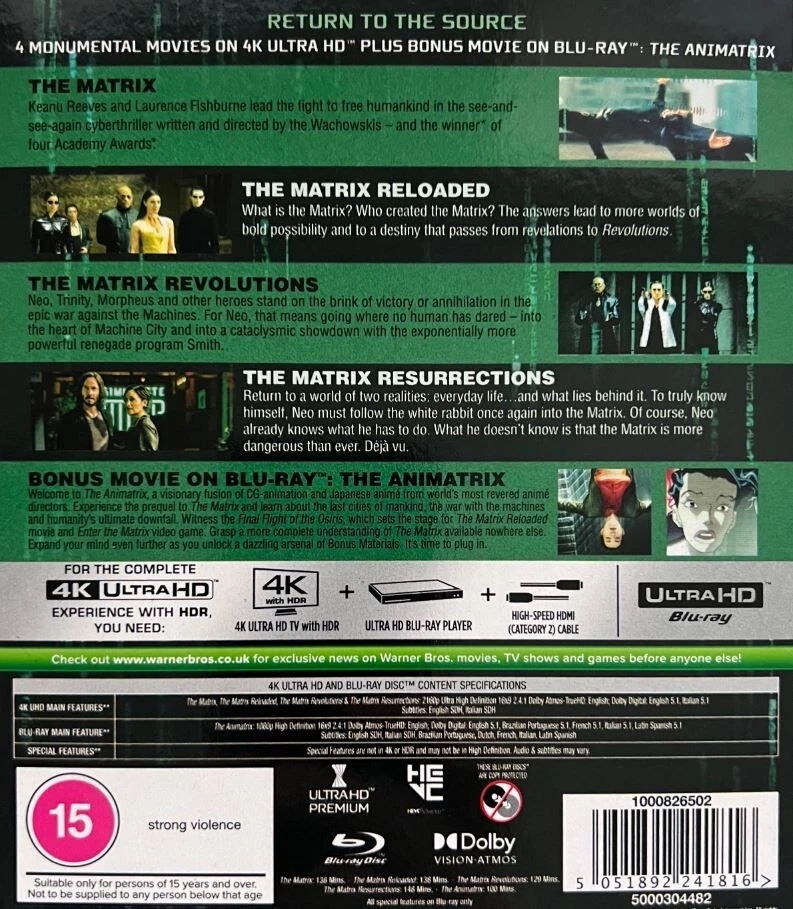 THE MATRIX ULTIMATE COLLECTION 4K UHD Blu-Ray 5 Film Set (incl Animatrix) NEW - Image 3 of 3