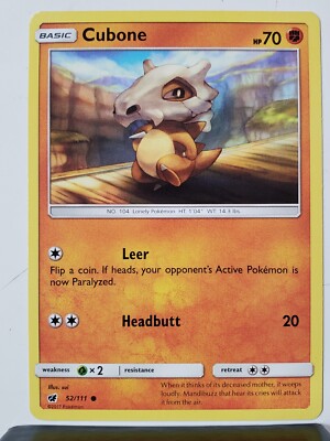 ebay sun and moon pokemon cards Cubone 52/111 LP / VLP Crimson Invasion Sun Moon Pokemon Card - Sui Art