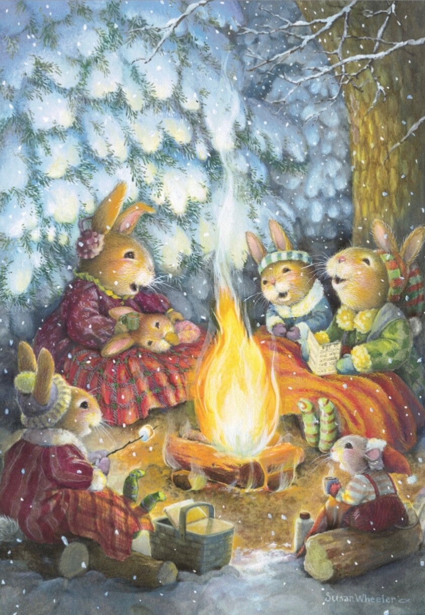 Vintage Nostalgic Bunny Christmas Card ~ Christmas Campfire ~ H Pond~Wheeler