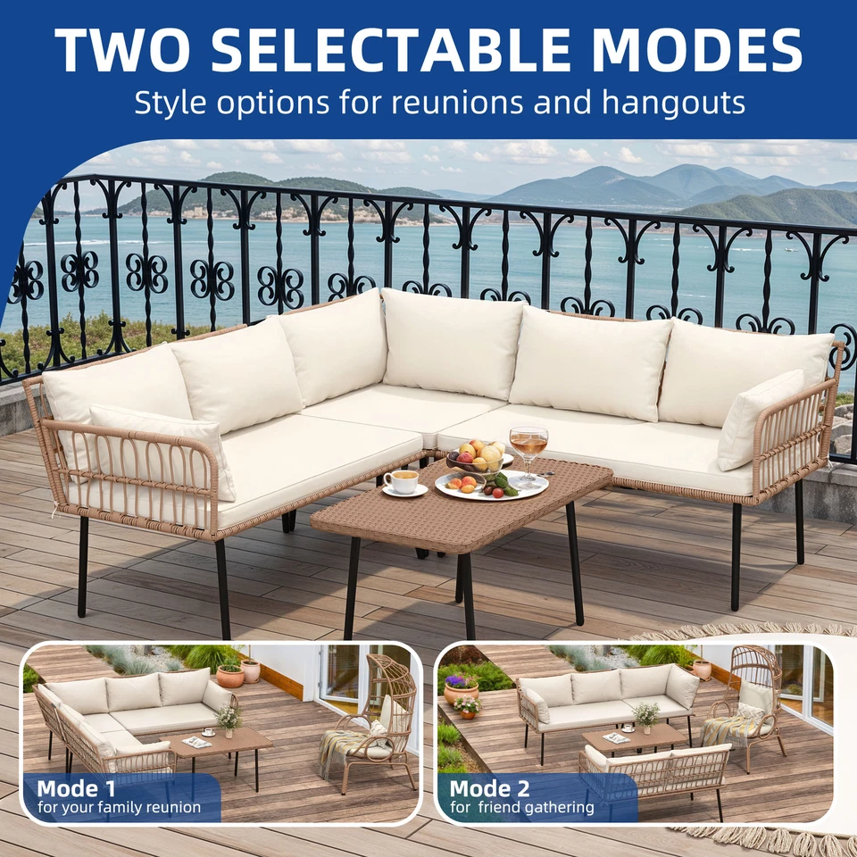 Набор уличной мебели из 4 предметов из ротанга секционный стол и стул с подушками - Изображение 3 из 4