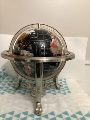 14'' Black ocean Silver 3- leg table stand Gem MOP Gemstone World MAP globe