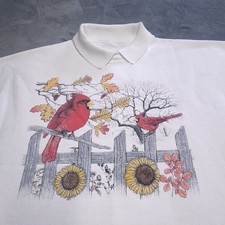 Vtg 90s Cardinal Bird Floral Collared Large Sweatshirt Sunflower Fence No Tag