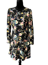 LOFT Black w/Yellow Green Red Floral Print A-Line Above Knee Length Dress Sz 4